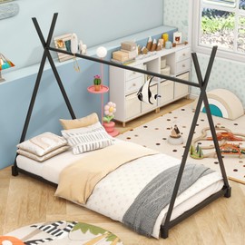 FULLJOJOR Twin Floor Bed Frame for Kids Metal Montessori House Bed Triangle Structure Tent-Shaped Platform Bed Frame for Bedroom Guest Room Apartment No Box Spring Needed