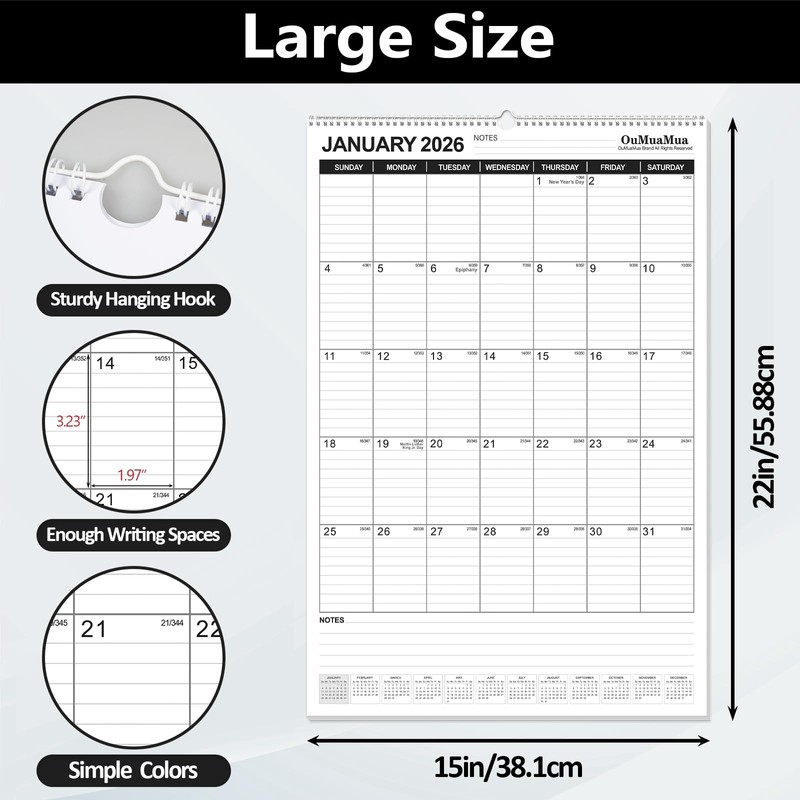 OuMuaMua Wall Calendar 2026, 18-Month Vertical Wall Calendar 2026-2027, 22"