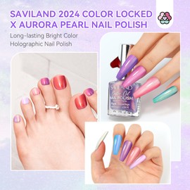 SAVILAND Aurora Nail Polish Set Quick-Dry: 12 Glossy Shimmer Holographic Pearl Duochrome Finger Nail Polish Bulk Nail Polish Non Gel with Base and Top Polish Coat Toe Nail Art DIY Salon for Women