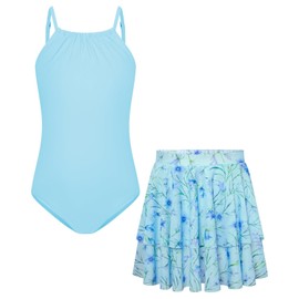 GRACE KARIN Girls Swimsuit Size 10-12 One Piece Bathing Suit with Skirt Swimwear for Girls Light Blue