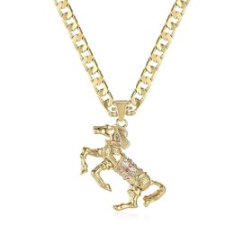 THE BLING KING Gold Plated Horse Pendant Necklace with Pink Stones 3D Design with Pink and Clear Stones, Articulated Heads, and Legs Pendant: 44mm x 32mm; Cuban Chain: 22 inch 6mm wide; Weight: 47.6g