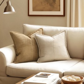 MIULEE Decorative Throw Pillow Covers for Couch Bed Livingroom 18x18 Inch Set of 2 Beige Boho Accent Throw Pllows Broadside Striped Patchwork Soft Corduroy Pillowcases