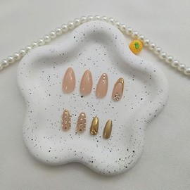 Fall Press on Nails Almond Medium Fake Nails with Rhinestones Lines Glitter Designs Gold Nails Press ons Nude False Nails for Women 24Pcs