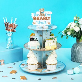 Cheereveal Bear Theme Cupcake Stand Decorations, Bear Baby Shower 3-Tier Cupcake Stand for Bear Baby Shower Party Supplies, We Can Bearly Wait Baby Shower Decorations