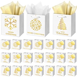 Aliceset 24 Pcs Christmas Mini Paper Gift Bag with Handles 3 Assorted Metallic Gold Foil Gift Bag with Tissue Paper 4.5 x 4 x 2.75'' White Gold Gift Bag with Tag for Holiday Mini Gifts Wrapping