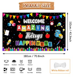 Welcome Back to School Backdrop First Day of School Banner Colorful Amazing Things Happen Here Banner Sign Hanging Polyester Photography Background Large Motivational Posters for Classroom Decoration 70.8 x 43.3 inch