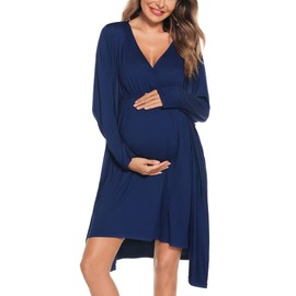 SWOMOG Women Maternity Nursing Gown and Robe Set 3 in 1 Labor Delivery Nursing Nightgown for Breastfeeding Hospital Bathrobe