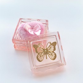 WHSLILR Body Powder Puff and Container - Glass Dusting Powder Container with Soft Puffs – Vintage Powder Puff Case for Women & Girls (3.23x3.23x2.95 H IN) - GRB016-Pink