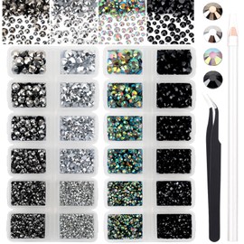 AUREHEN 15000PCs 2-6MM Black Series Resin Flat Back Rhinestones, Round Non Hotfix Jelly & Silver Bottom Resin Rhinestones Nail Gems Stones with Tweezer & Picker Pen for Nail Art Tumblers & DIY Crafts