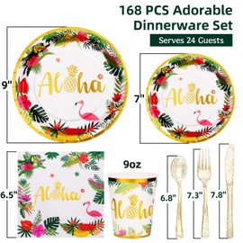 Gudvilla Hawaiian Luau Party Decorations- Aloha Plates and Napkins Party Supplies 168pcs Tropical Party Decorations for Summer Aloha Birthday Graduation Beach Pool Party Decorations serves 24 Guests