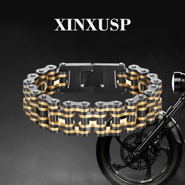 XINXUSP heavy-duty and sturdy men's motorcycle chain, bicycle chain, stainless steel men's bracelet, vacuum plated 14K gold electroplated black in the furnace (Matte black+matte gold)