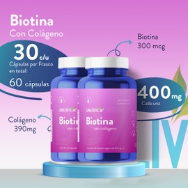 Biotina + Colageno con 60 Cápsulas de 400 mg | 2 meses de rendimiento | 100% Natural, Sin gluten, Vegano y sin Azúcar | Pack 2 frascos con 30 capsulas cada uno | Suplemento Alimenticio | LIV NUTRITION