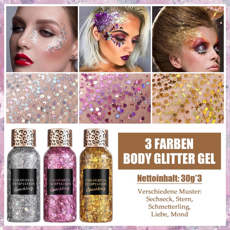 Pack of 3 Body Glitter Gel, Festival Glitter Face, Mermaid