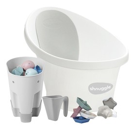 Shnuggle Baby Bath + Accessories Bundle | Includes Baby Bath with Bum Bump Support, Ellie Bath Toy Scoop, Washy Rinse Jug, Stack n Sail Bath Boats & Wishy Sensory Bath Toy | 5-Piece Set, White & Grey