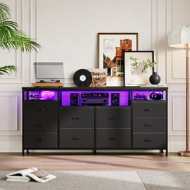 63.3 in Black Dresser for Bedroom, 10 Drawer Dresser TV Stand for 65 70 75 in TV, Fabric Chest of Drawers with LED Lights & Power Outlets, Long Entertainment Center for Closet, Living Room, Entryw