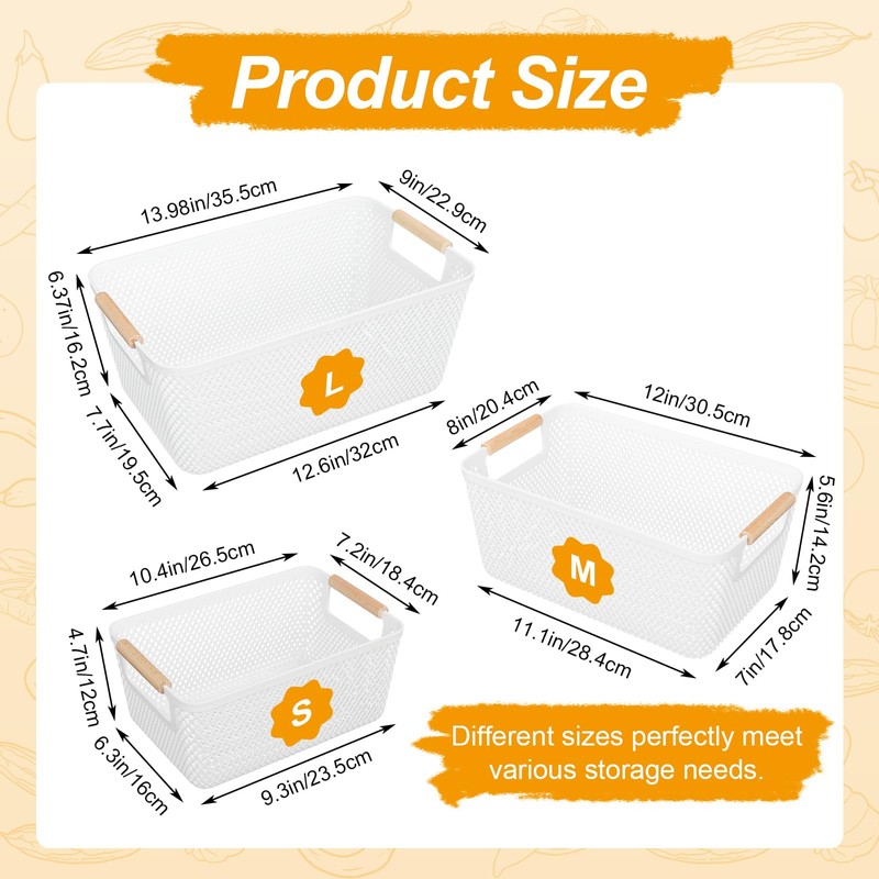 SHAIDOJIO 6 Pack Plastic Mesh Baskets with Wooden Handles, White