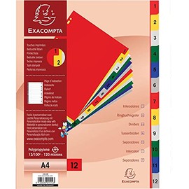 Exacompta 1512E 20er Pack Kunststoff-Register 1-12 für DIN A4 aus langlebigem Kunststoff 12-teilig volle Höhe 21 x 29,7 cm weiß mit bedruckten, bunten Taben Universallochung mit Indexseite