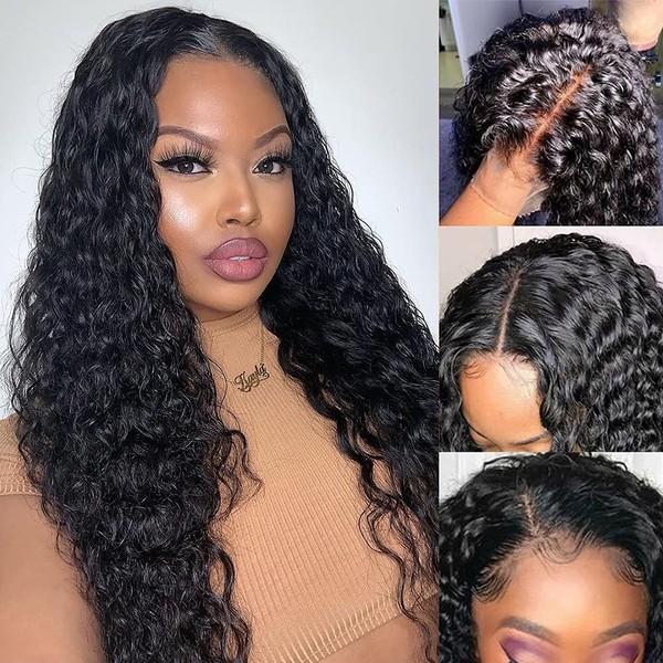 Water Wave 4x4 Lace Front Wigs Human Hair Pre Plucked, 180% Density Brazilian Wet and Wavy Virgin Human Hair Wigs for Women Curly Human Hair Wig with Baby Hair Natural Color 30 Inch