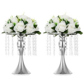 NUPTIO - 2 jarrones de metal para mesa de boda, 26 cm de altura, floreros de cristal para centro de mesa, color plateado, para decoración de aniversario, ceremonia, fiesta, cumpleaños, evento, pasillo