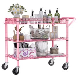 NTE Utility Cart with Wheels, 990lbs Capacity Metal 3 Tier Rolling Carts, NSF Kitchen Carts On Wheels with Storage, Heavy Duty Utility Cart with Handle & Wire Shelf for Indoor & Outdoor Use, Pink