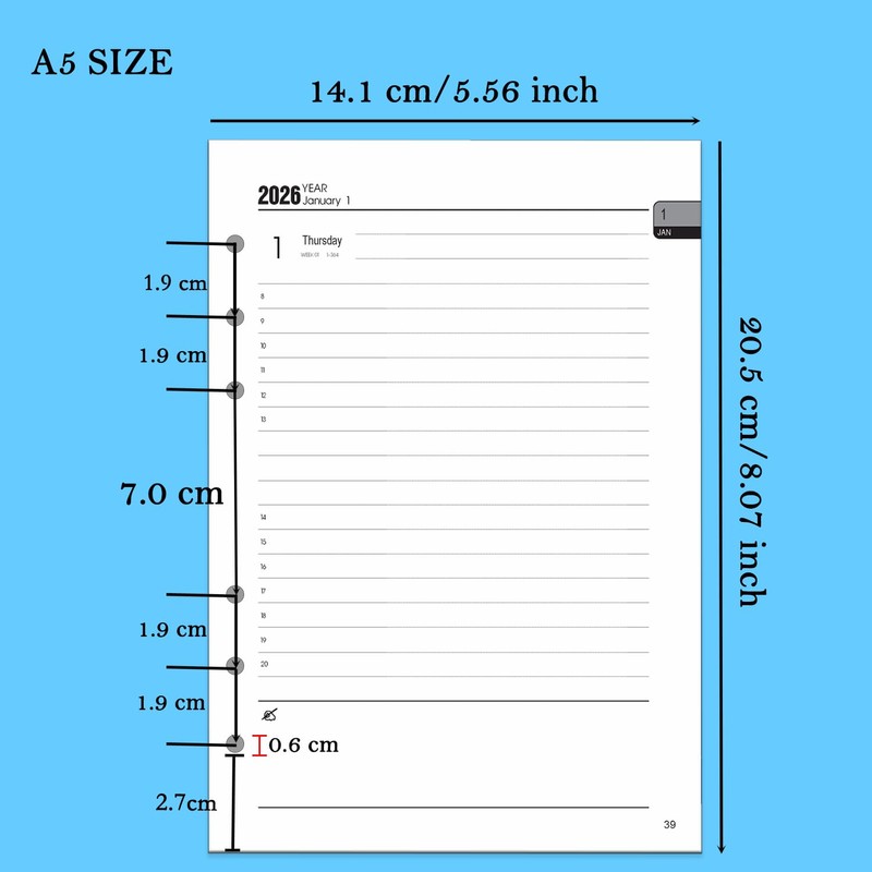 2026 Calendar Insert A5, 6-Hole, 1 Day per Page with