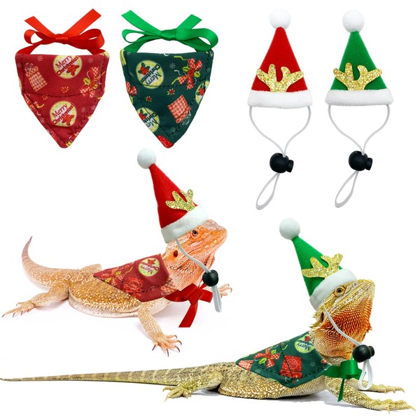 Vehomy 4Pcs Christmas Bearded Dragon Outfit Bearded Dragon Santa Claus Hats with Elk Horns Xmas Beardy Lizard Bandanas Christmas Lizard Scarf Costume Accessories for Hamster Leopard Gecko