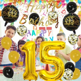 Gold 15th Birthday Decorations Party Supplies-Gold Happy 15th Birthday Banner Latex and Confetti Balloons Paper Honeycomb Balls Huge Number 15 Balloons for Girls,Women,Men,Photo Props 15th Birthday
