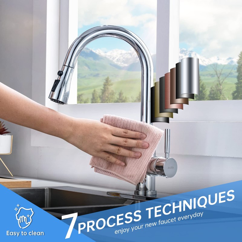 Chrome Kitchen Faucet, Arofa Pull Down 3 Hole Deck Mount