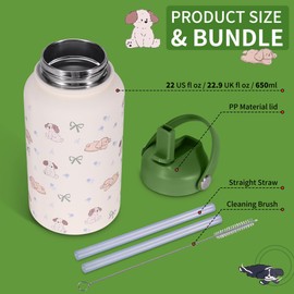 Goetland Cats Dogs Water Bottle with Straw Lid 20 oz Stainless Steel Wide Mouth Vacuum Double Insulated Drinking Cup Cute Printing UV Leakproof for Women Girls Kids Forest Green