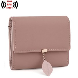 UTO Purses for Women Mother Mum RFID Blocking Ladies Wallets Card Cases Money Organisers Zipper Coin Pocket 6 Slots Leaf Pendant Faux Leather Pale Mauve Matte