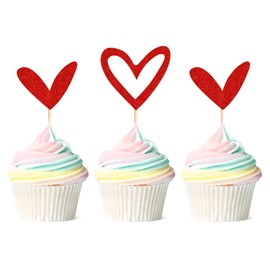 Keaziu Paquete de 24 adornos para cupcakes con forma de corazón rojo, para el día de San Valentín, para bodas, cumpleaños, fiestas, baby shower, bodas