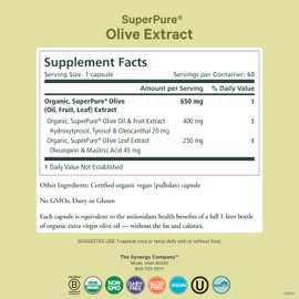 PURE SYNERGY SuperPure Olive Extract | Organic Olive Leaf, Oil, and Fruit Supplement with Polyphenols | for Heart, Brain, and Immune Health (60 Capsules)