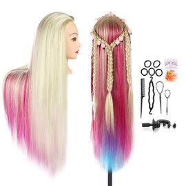 Auzass Hairdressing Head, Soft 26-28Inch Styling Head 100% Synthetic Fiber Hair Mannequin Head, Hairdressers Training Dolls Head for Girls Kids with Table Clamp+Braid Set