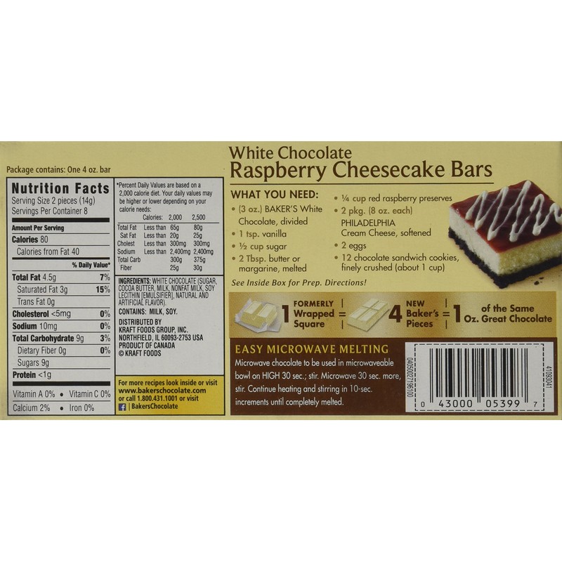 Kraft Bakers White Chocolate Bar, 4 OZ