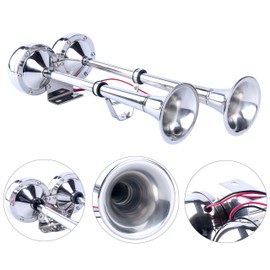 Amarine Made 12v/24v Marine Boat Horn 125db Stainless Steel Dual Trumpet Horn for Ship Truck RV Trailer, Low and High Tone, 18-1/2"
