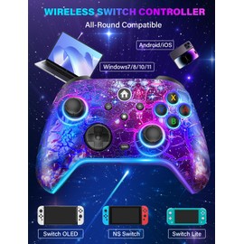 Wireless Switch Pro Controller - Compatible with Nitendo Switch/OLED/Lite, 1200mAh Rechargeable Switch Controllers with 8 Colors LED & Cool Nebula Design, Wake Up, Turbo, Vibration, Motion Control
