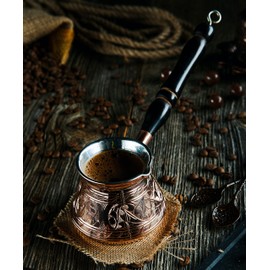 DEMMEX Thickest Copper Turkish Greek Arabic Coffee Pot Engraved Stovetop Coffee Maker Cezve Ibrik Briki with Wooden Handle & Wooden Spoon, for 3 People (Copper)