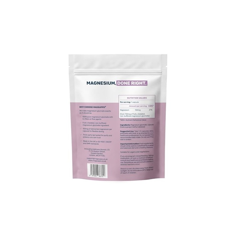 Magnesium Glycinate - 100% Pure, Fully-Chelated, Non-Buffered - 100mg Magnesium