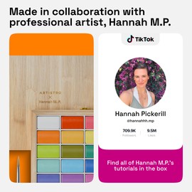 ARTISTRO x HANNAH M.P Professional Watercolor Paint Set Limited Edition with 24 colors in Bamboo Wooden Box (6ml XL Pans) - 2 Brushes, Watercolor Paper, Mixing Tray - Watercolor Set for Professionals made by professionals