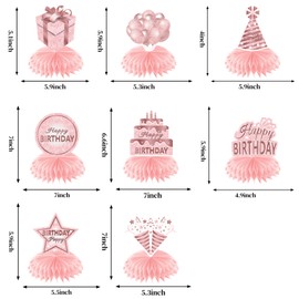 Pink Rose Gold Happy Birthday Decorations Honeycomb Centerpieces for Women Girls, 8Pcs Pink Happy Birthday Table Centerpieces Party Supplies, 16th 21st 30th 40th 50th 60th Bday Table Toppers Decor