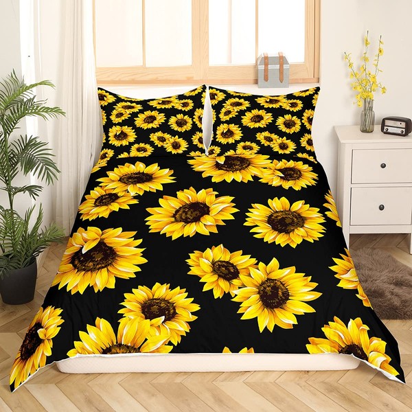 3D Floral Comforter Cover Twin Size for Kids Women Yellow Flowers Bedding Set Sunflower Pattern Decor Duvet Cover Botanical Floral Print on Black Quilt Cover Garden Bloom Bedding with Pillowcase
