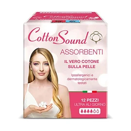 COTTON SOUND Ultra Day Wings Absorbent Pack of 12 100% Cotton Hydrophilic Hypoallergenic Dermatologically Tested Super Absorbent Multilayer Technology Made in Italy