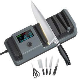 Upgrade 5 in 1 Electric Knife Sharpener with LCD Screen, 3 Rotational Speed Adjustable, 100% Diamond Abrasives, knife sharpener for Straight, Serrated, Meat Cleaver, Ceramic Knives Electric Knife