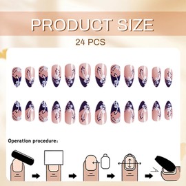GlamRays Pack of 24 French Nails Press On Nails Nüdescht Pink False Nails Almond Acrylic Nails False Nails with White Flower Designs Stick on Nails Blue Tip Glue Nails