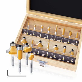 CSOOM Professional Woodworking Trimmer Bit Set, Carbide Router Set, 15 Pieces, 0.2 inch (6 mm) Shaft Diameter Woodworking Tool Router Bit Set, Includes Wooden Storage Box