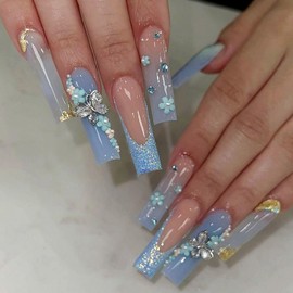Blue Flower 3D Butterfly Press on Nails Fake Nails Long Coffin Square,Aqinmony with Designs False Nails Long Coffin Square, French Tip Full Cover Glue on Nails, Glossy Acrylic Thick Stick on Nails For Women 24Pcs XB-52-02