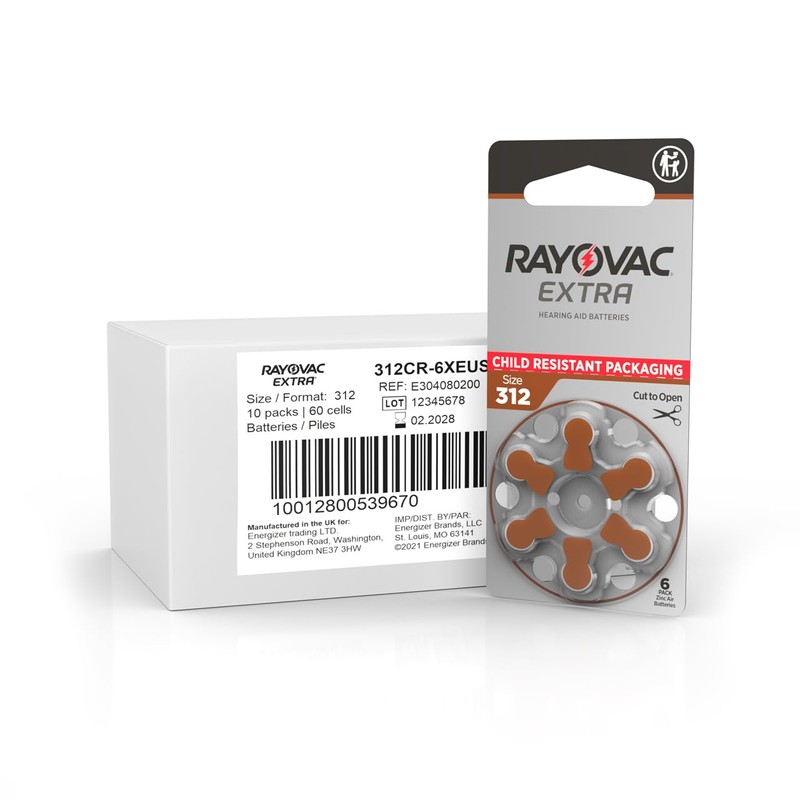 Rayovac Extra hearing aid batteries size 312. Long-lasting mercury-free zinc-air