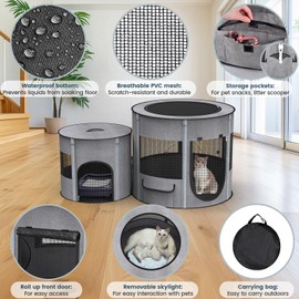 Portable Cat Playpen with Tunnel, 3 in 1 Foldable Puppy Play Pen, Waterproof Bottom, Enclosed 2-Room Separable Pet Tent for Indoor/Outdoor, Multi-Purpose Enclosure Crate Cage for Kitten Dog Rabbit