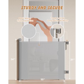 KINGTOP Retractable Baby Gates, Retractable Dog Gate or Baby Gate for Stairs, 33" Tall, Extends Up to 55" Wide, Safety Gate for Doorways & Outdoor Use (Gray, 33" x 55")