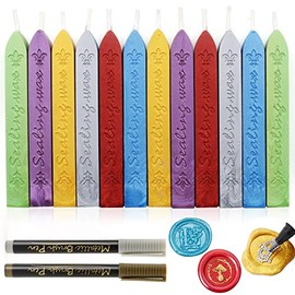 BEIJITA 12 Pcs Sealing Wax Sticks with Wicks Antique Fire Manuscript Sealing Wax & 2 Pcs Metallic Pens for Letter Sealing Stamp Wedding Invitations Packaging Decoration, 6 Colors